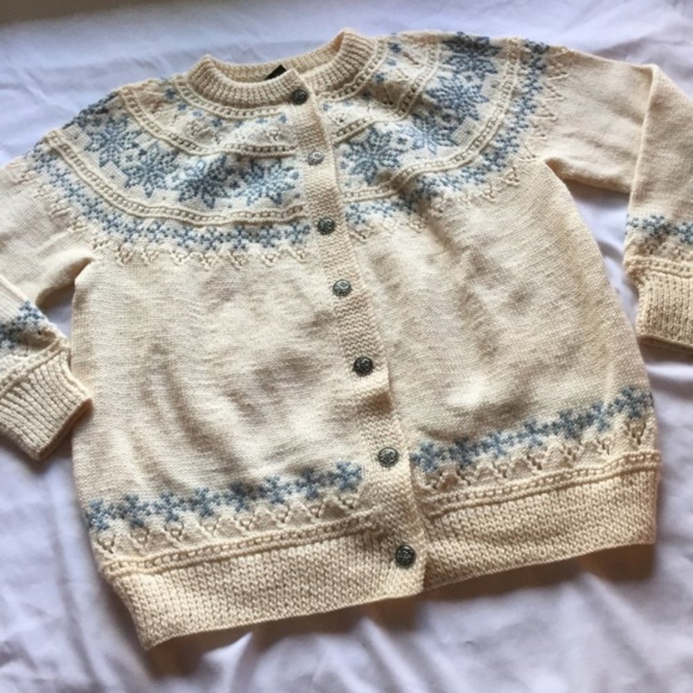 Dale of Norway Wool Snowflake Knit Cardigan Sweater Women's L Large Cream & Blue